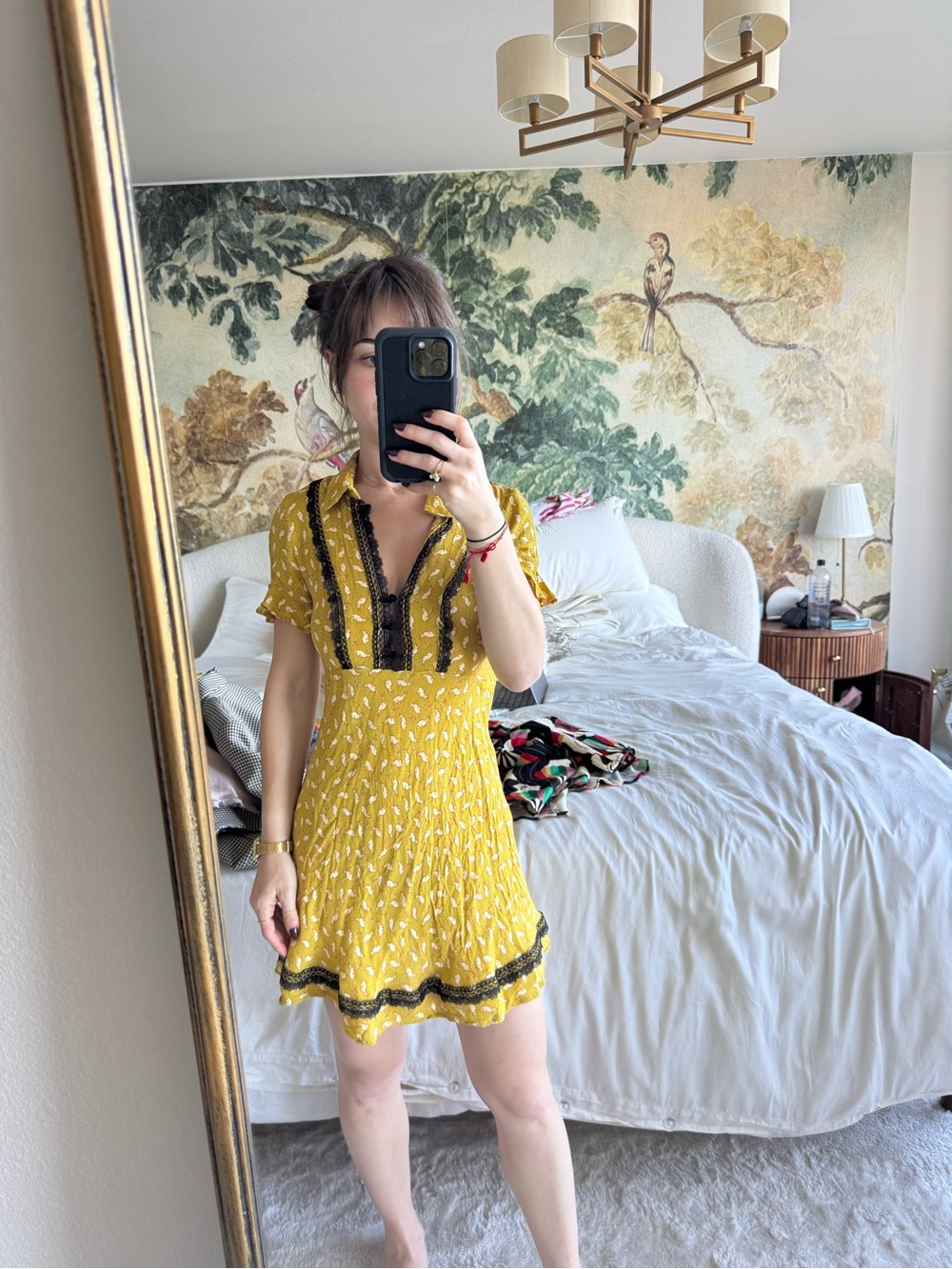 Urban Outfitters Yellow Floral Short-Sleeve Mini Dress with Black Trim